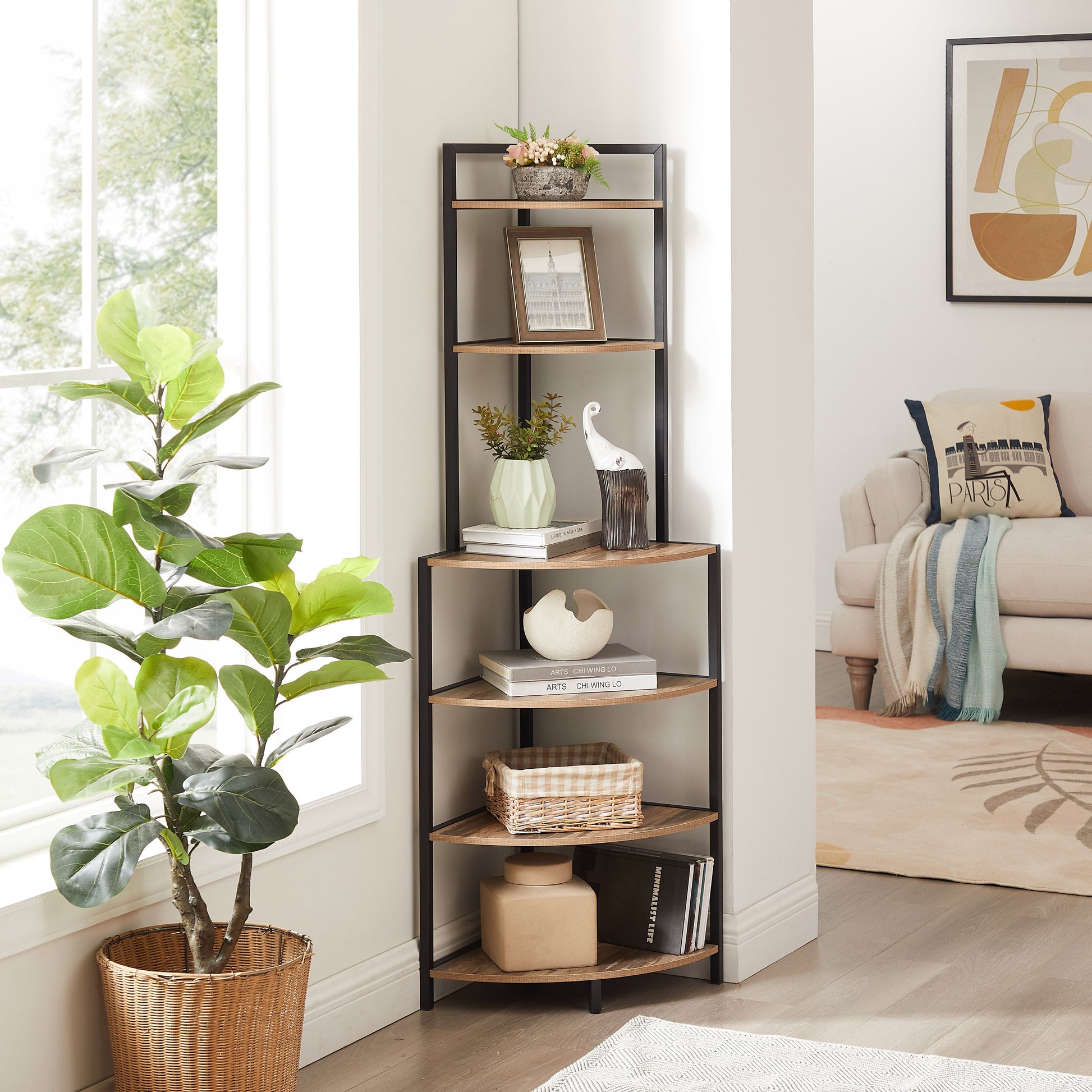 6-story corner open bookshelf modern bookshelf wooden frame independent bookshelf unit, country brown - Korvel