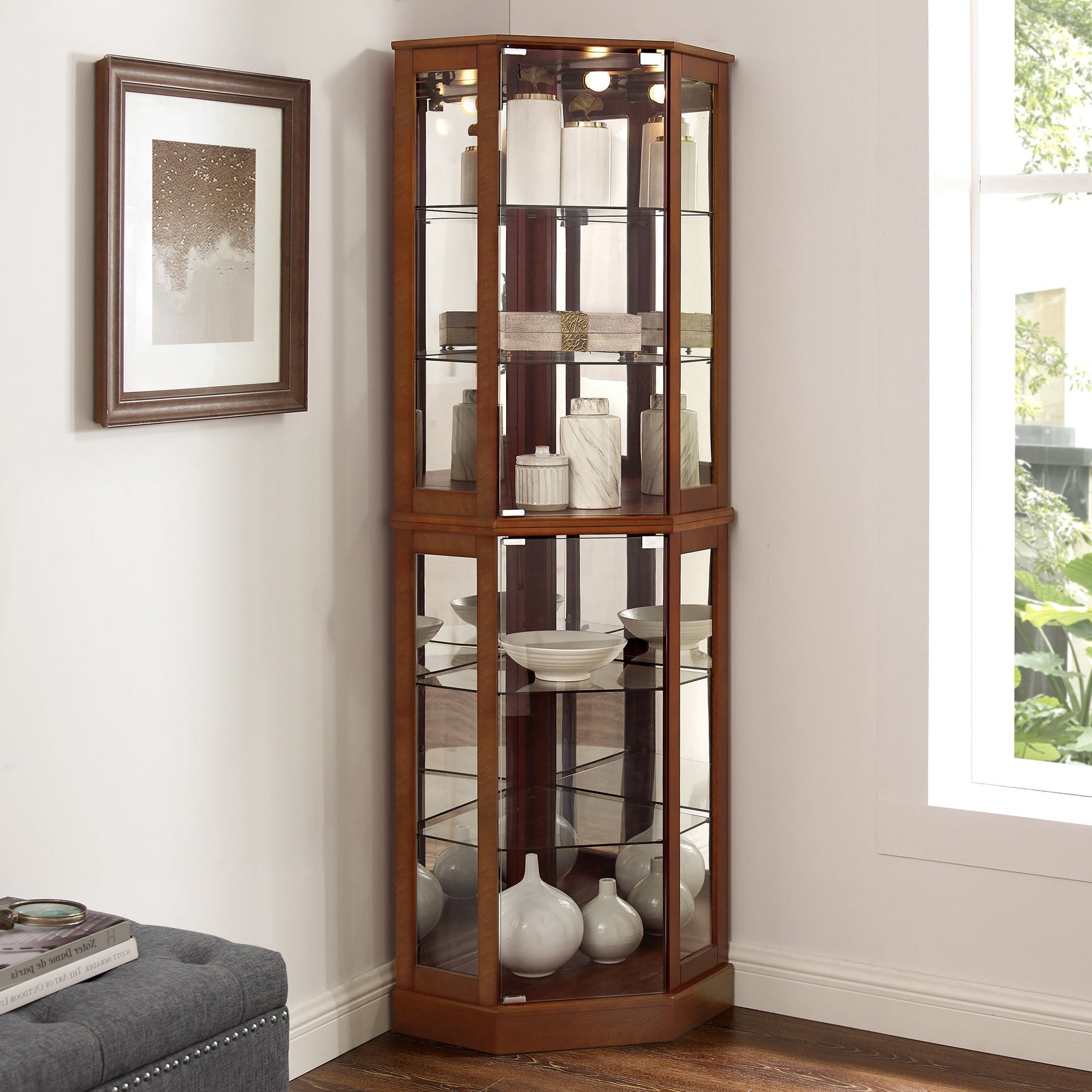 6 shelves corner Curio display cabinet with light mirror and adjustable shelves, walnut wood (excluding E26 light bulbs) - Korvel