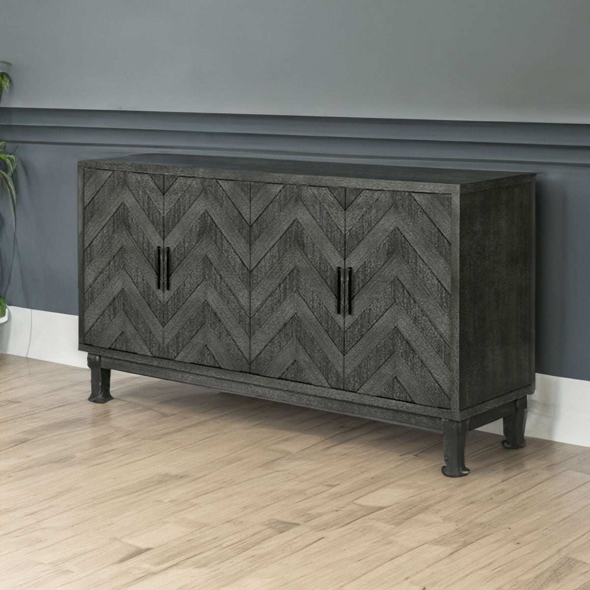 Stronger Vintage Style Buffet Cabinet Lacquered Accent Storage 4 Door Wooden Cabinets Taupe Grey - Korvel