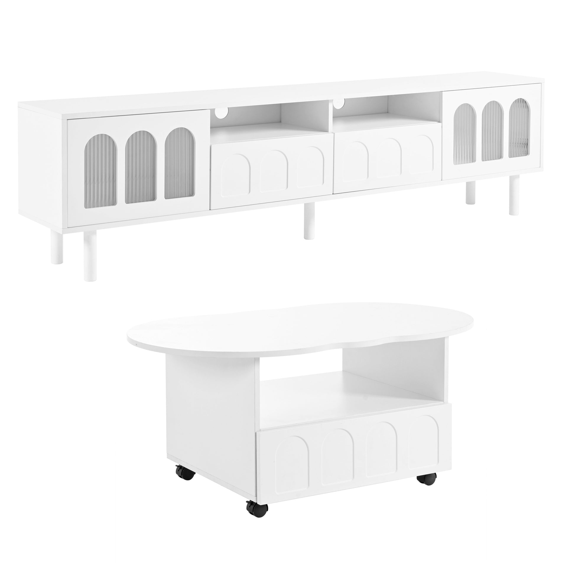 Two sets of ON-TRANS cream style TV stands and coffee tables, suitable for TVs under 80 inches, white - Korvel
