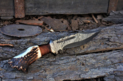 Exclusive 13" Damascus Bowie Knife – Stag Crown & Rosewood Handle with Premium Leather Sheath - Korvel