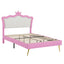 Full Size Upholstered Bed Frame with LED Lights, Modern Upholstered Princess Bed with Crown Headboard, Pink+White - Korvel