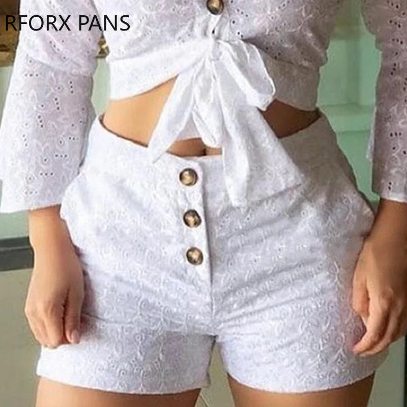 Elegant Women's Broderie Lace Blouse and Shorts Set