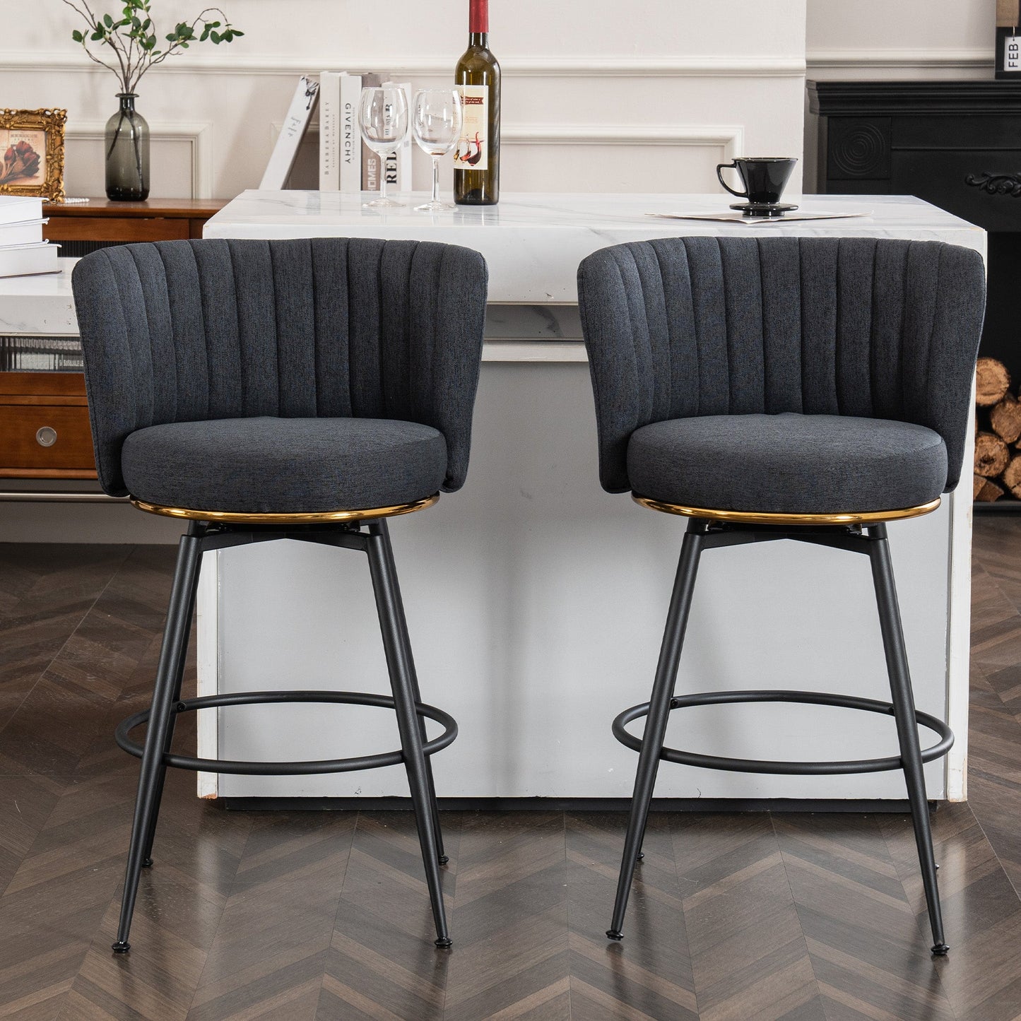 A set of 2 gray rotating bar stools - high backrest, adjustable, with elegant metal backrest decoration - Korvel