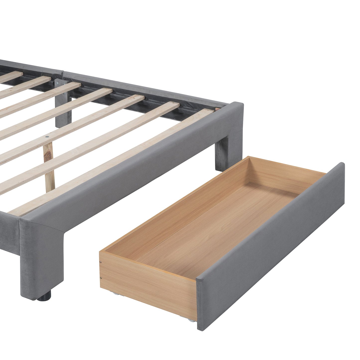 Full Size Storage Bed Velvet Upholstered Platform Bed with a Big Drawer - Gray - Korvel