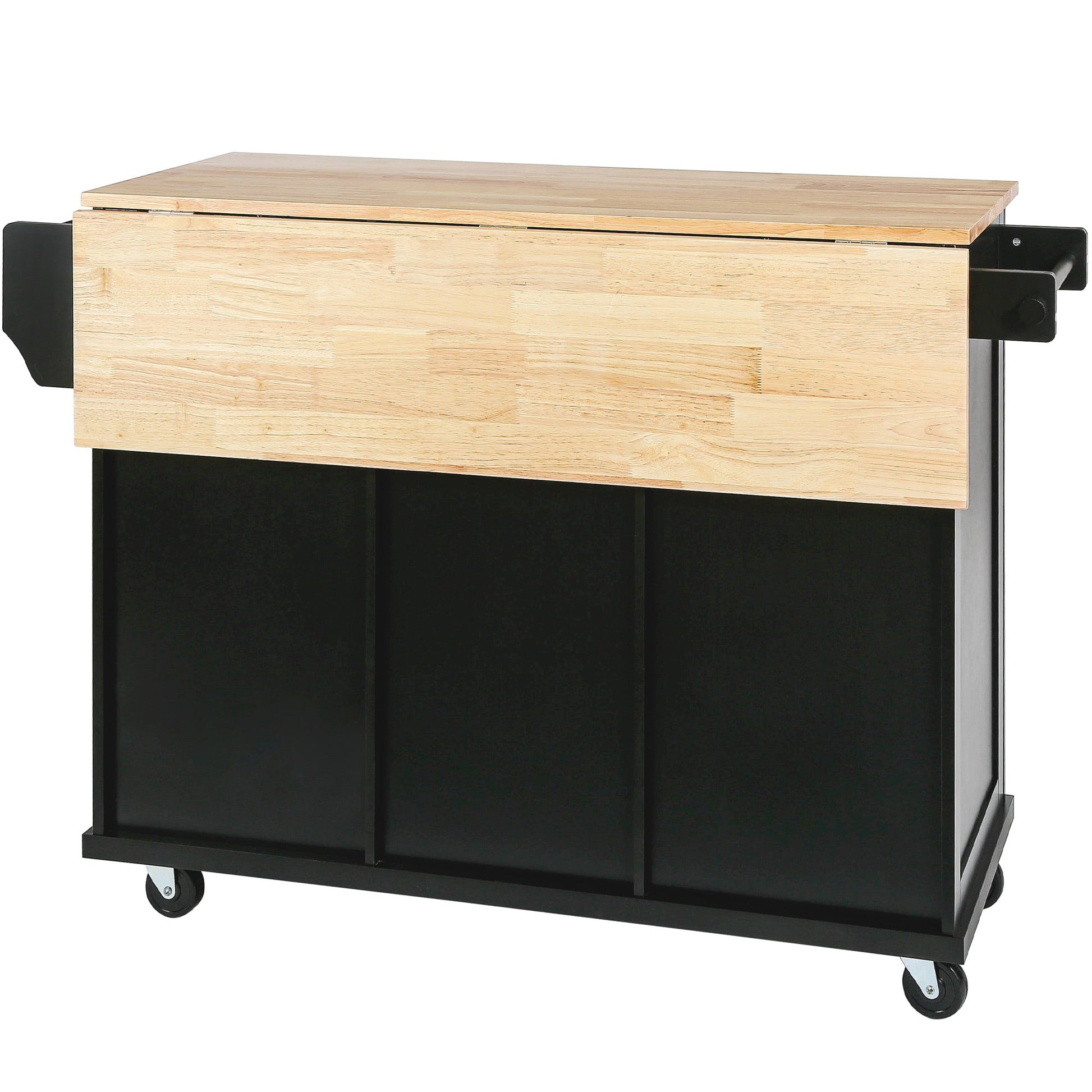 Kitchen trolley with rubber wood leaf countertop, 5-wheel kitchen island, storage cabinet and 3 dining drawers, black - Korvel