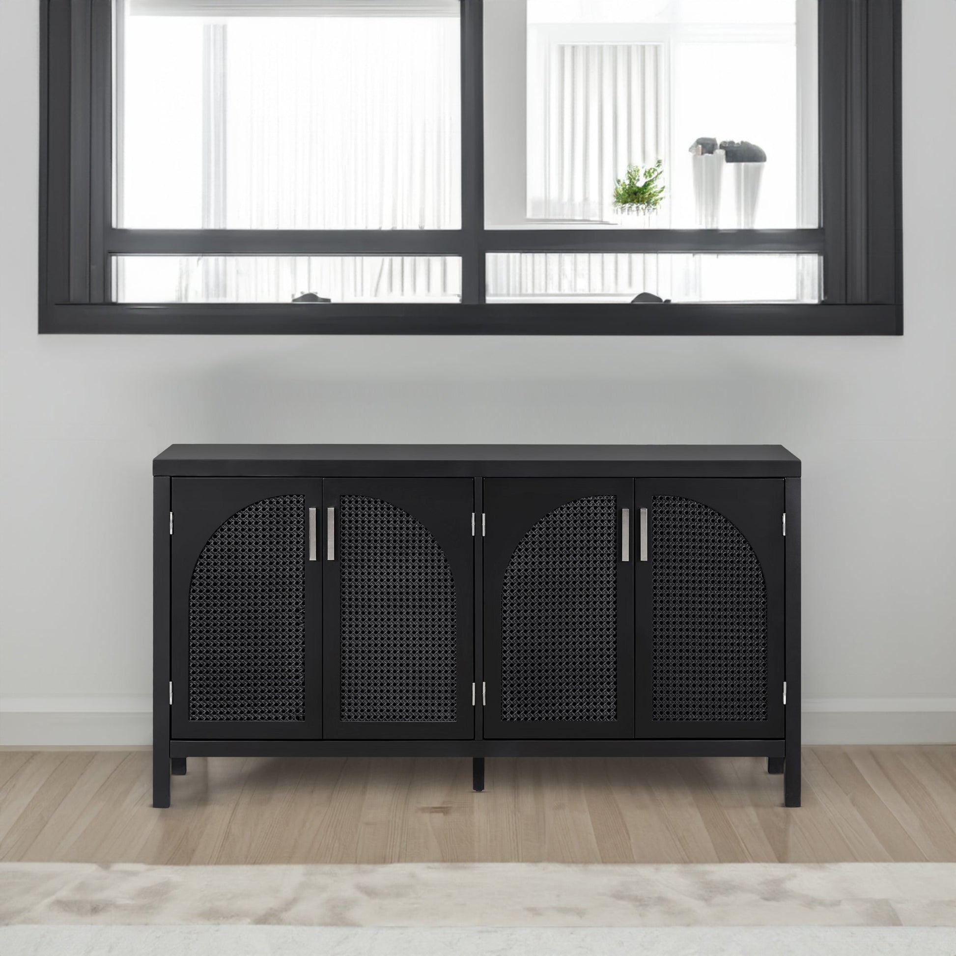 TREXM Large Storage Space Sideboard with Artificial Rattan Door and Metal Handles for Living Room and Entryway (Black) - Korvel