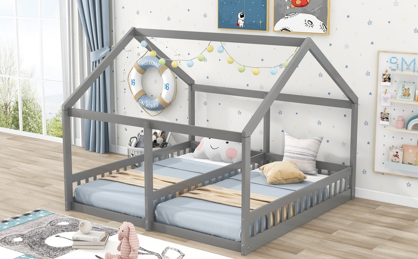 Twin Size House Platform Beds Two Shared Beds Gray - Korvel