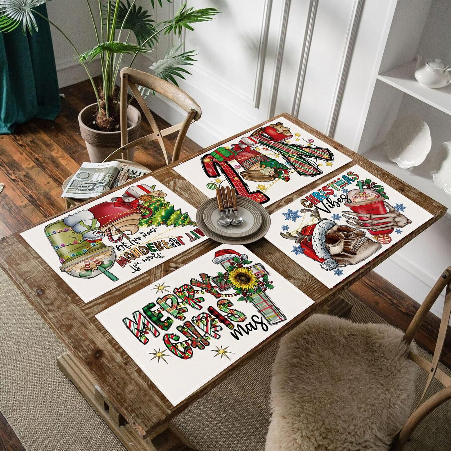 Mantel de mesa de lino impreso con calavera navideña y taza de té con leche