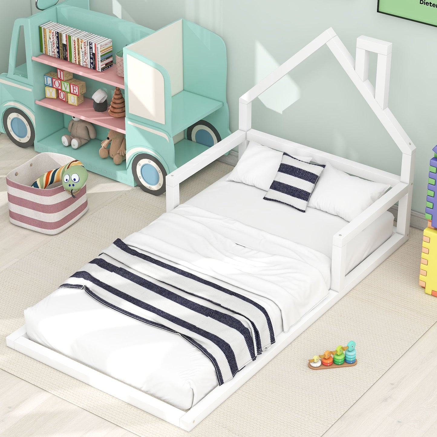 Cama de Madera de Tamaño Twin con Cabecera en Forma de Casa - Blanca