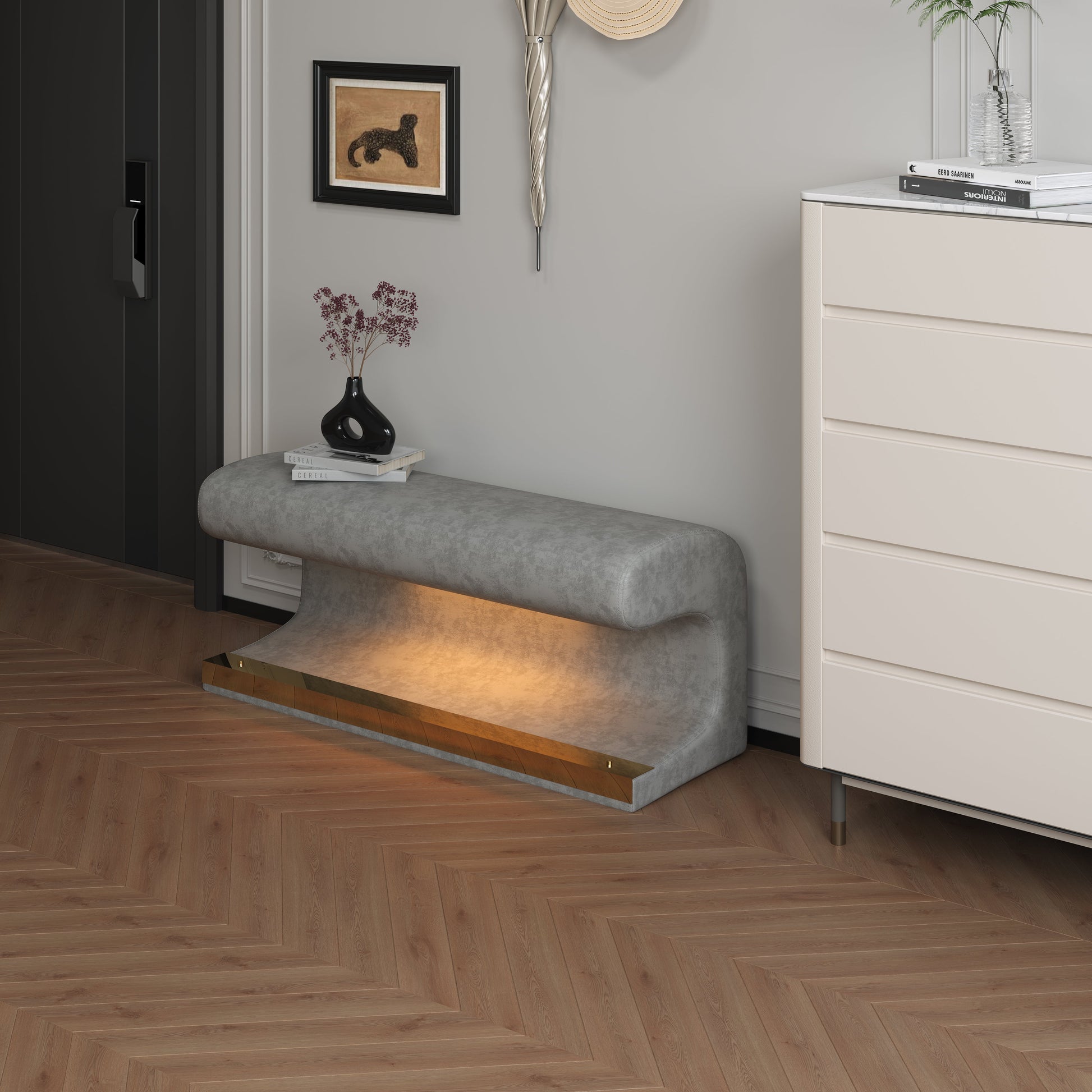 Entryway Bench Leather Upholstered Ottoman with LED sensor light for living room ,bedroom,end of bed - Korvel