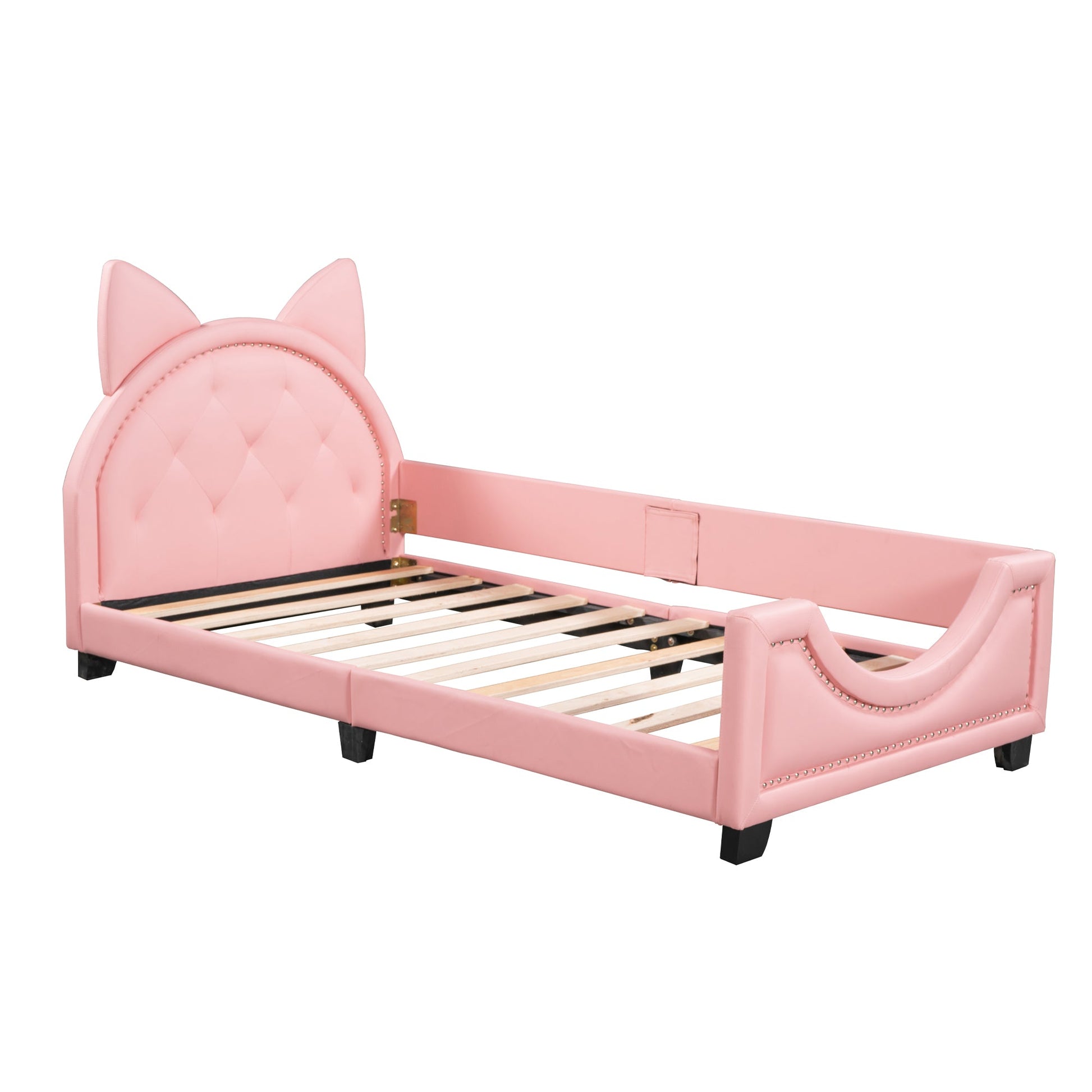 Twin Size Upholstered Daybed with Carton Ears Shaped Headboard  Pink - Korvel