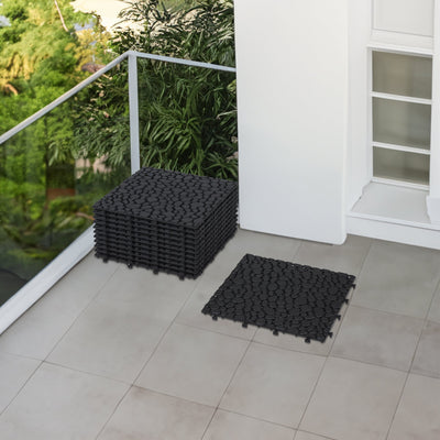 12 x 12 inch black interlocking deck tiles, plastic waterproofing, pebble pattern, pack of 12 - Korvel