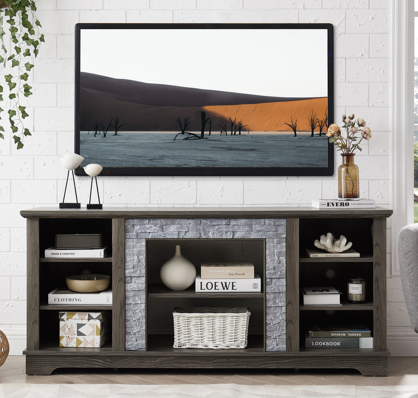 Mantel Stone modern entertainment console, manually stacked stone surrounds open storage space, gray - Korvel