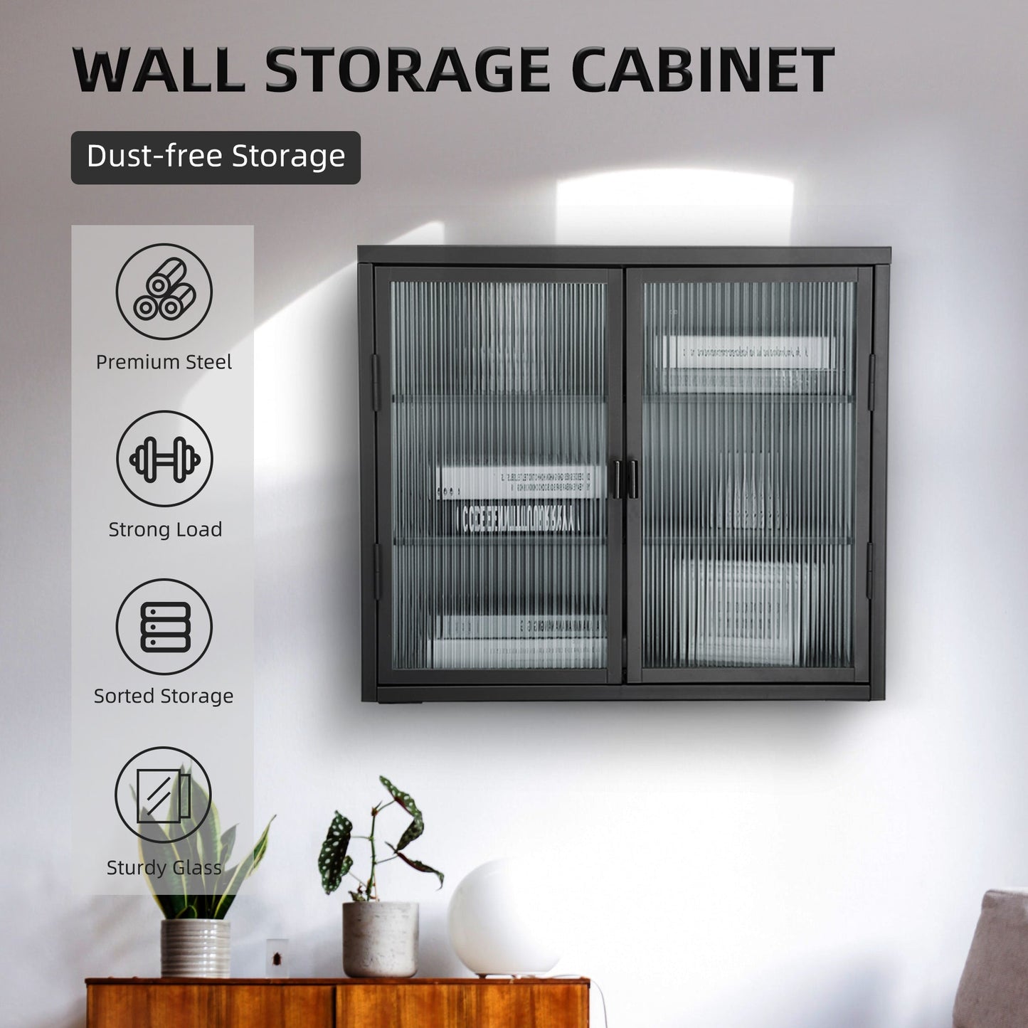 Retro Style Haze Double Glass Door Wall Cabinet With Detachable Shelves for Office Dining Room Living Room - Korvel