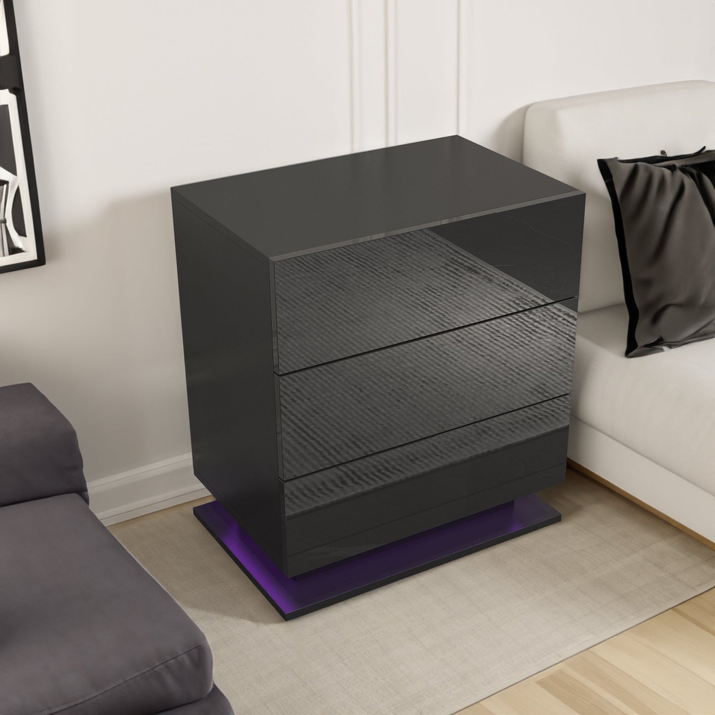 Nightstand with 3 Storage Drawers,Led Lights, End Table for Bedroom Furniture - Korvel