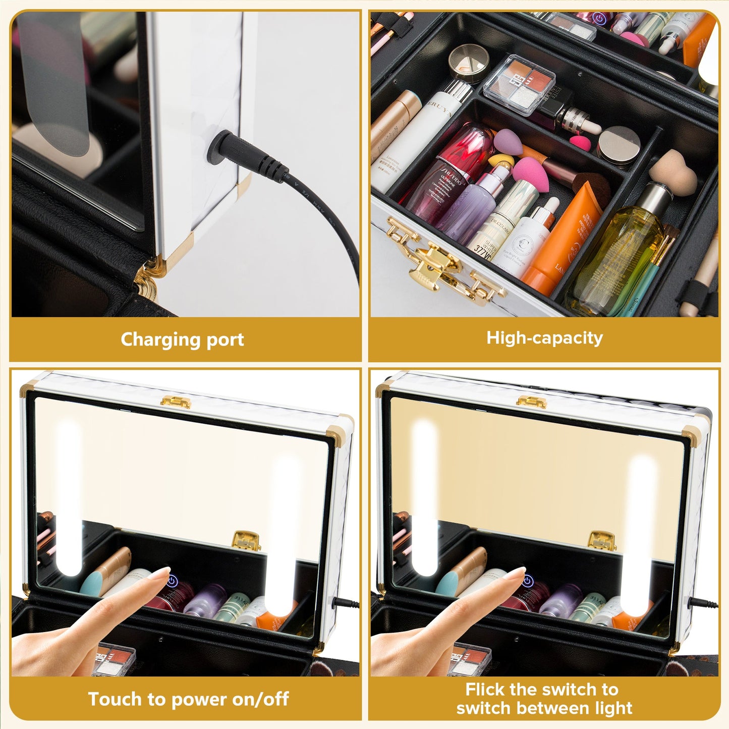 Portable makeup case, travel makeup bag with LED mirror, locked makeup storage box, brush holder, divider, rechargeable, white - Korvel