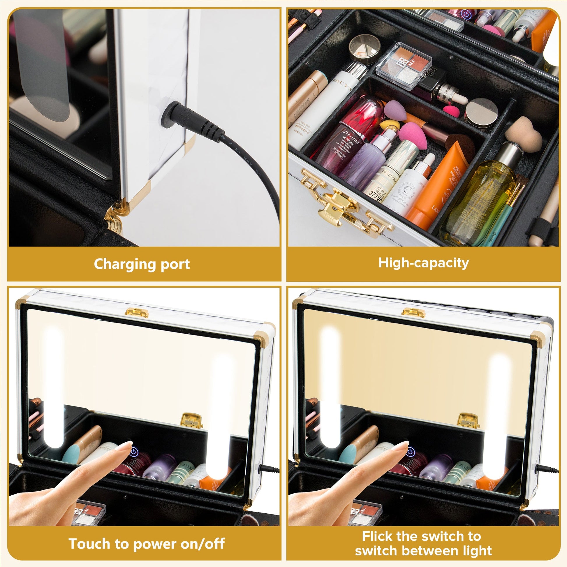 Portable makeup case, travel makeup bag with LED mirror, locked makeup storage box, brush holder, divider, rechargeable, white - Korvel