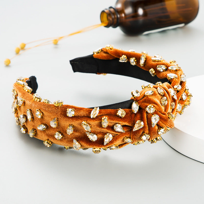 Exaggerated Fashion Hair Bands Female Corduroy Temperament Sweet Hair Ornaments Wide Side Knotted With Diamonds Headband - Korvel