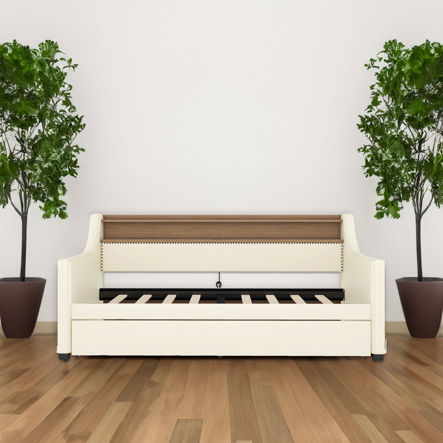 Twin Size Daybed with Trundle, Upholstered Daybed with Charging Station and LED Lights, White - Korvel