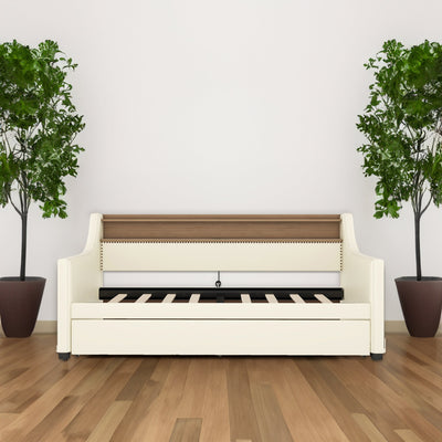 Twin Size Daybed with Trundle, Upholstered Daybed with Charging Station and LED Lights, White - Korvel
