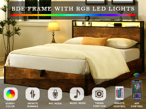 Elevating storage bed frame, full-size bed frame with bookshelf headboard and LED lights, with country brown color - Korvel