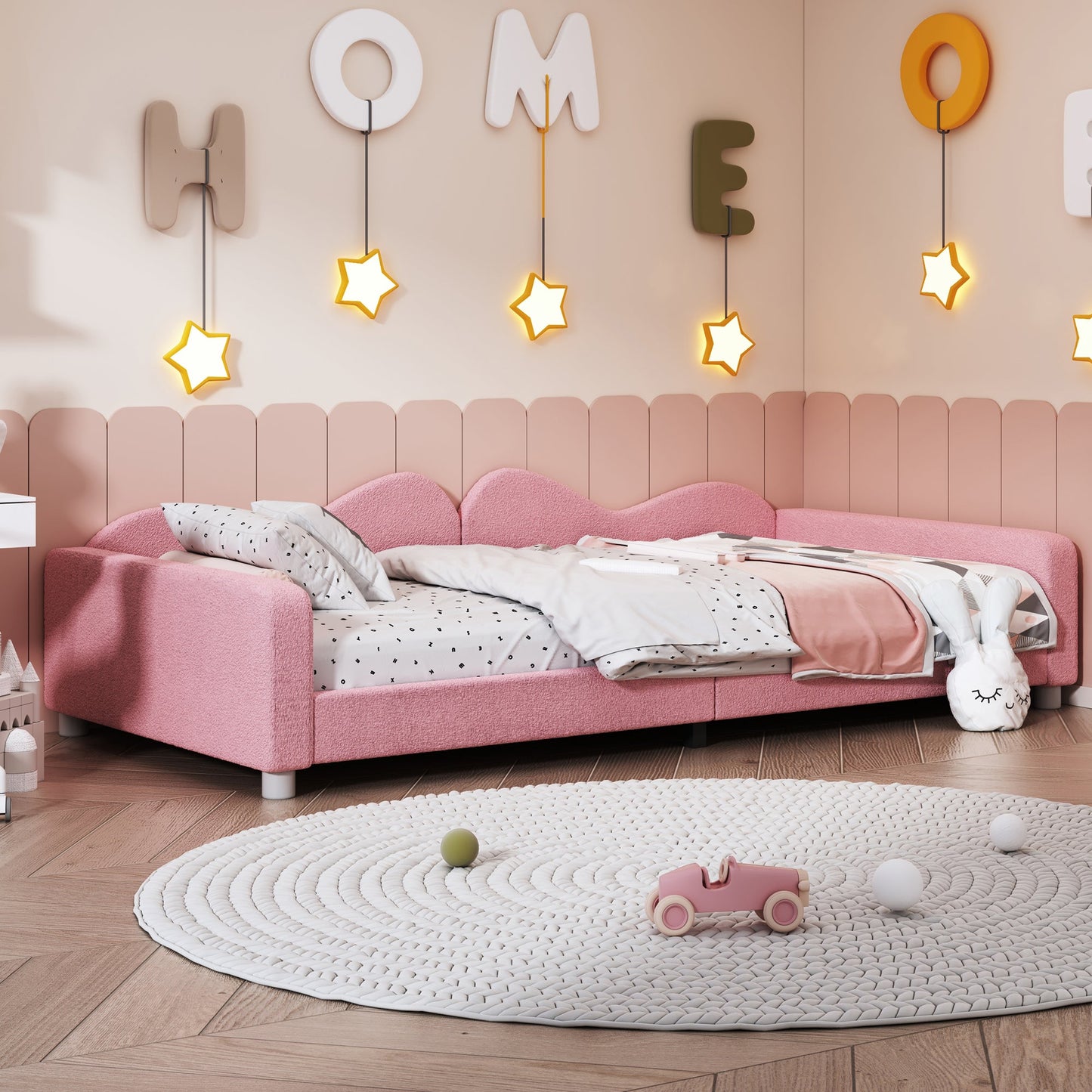 Twin size Upholstered Daybed, Sherpa Fabric Sofabed with Cloud-Shaped Backrest, No Box-spring Needed, Pink - Korvel