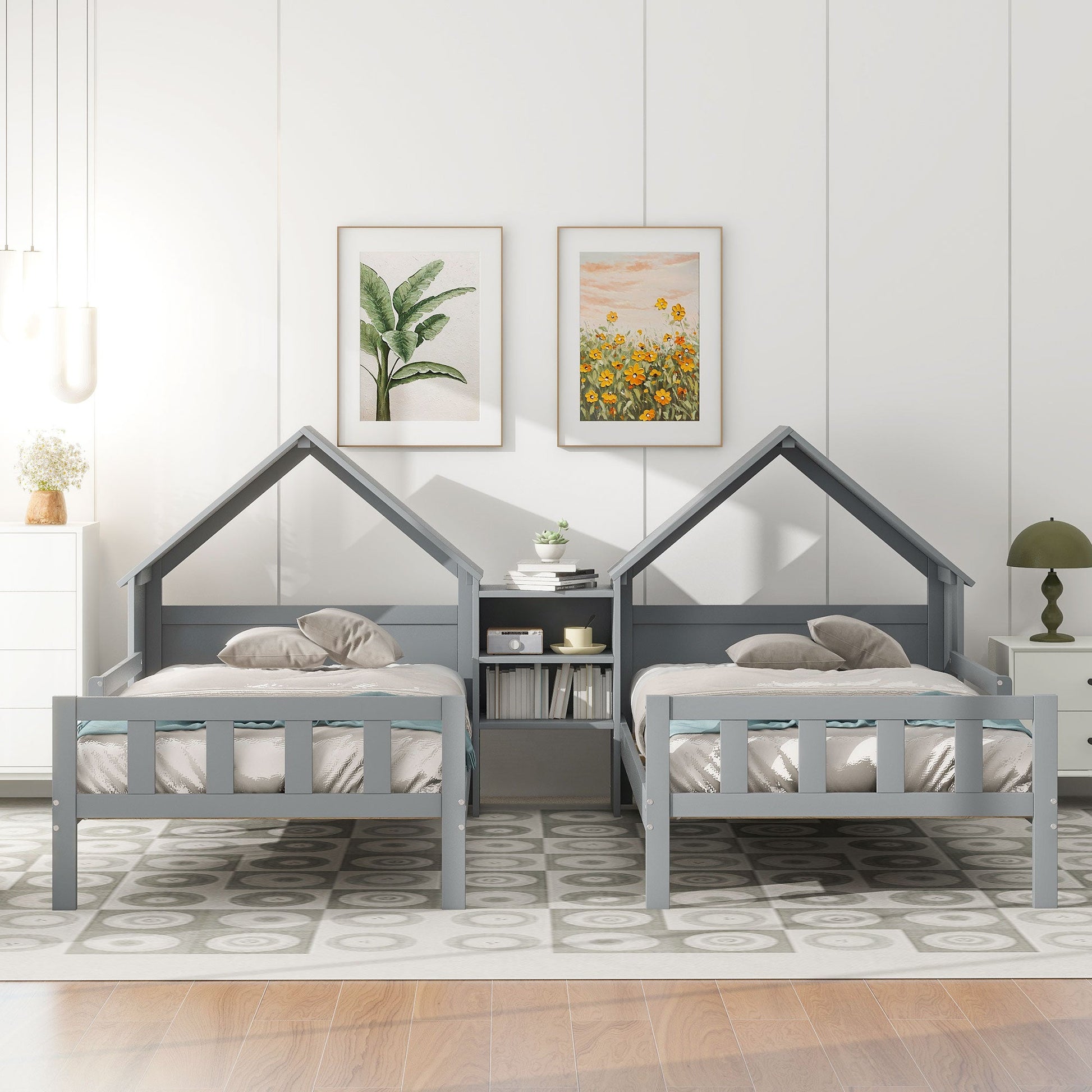 Double Twin Size Platform Bed with House-shaped Headboard and a Built-in Nightstand  Grey - Korvel