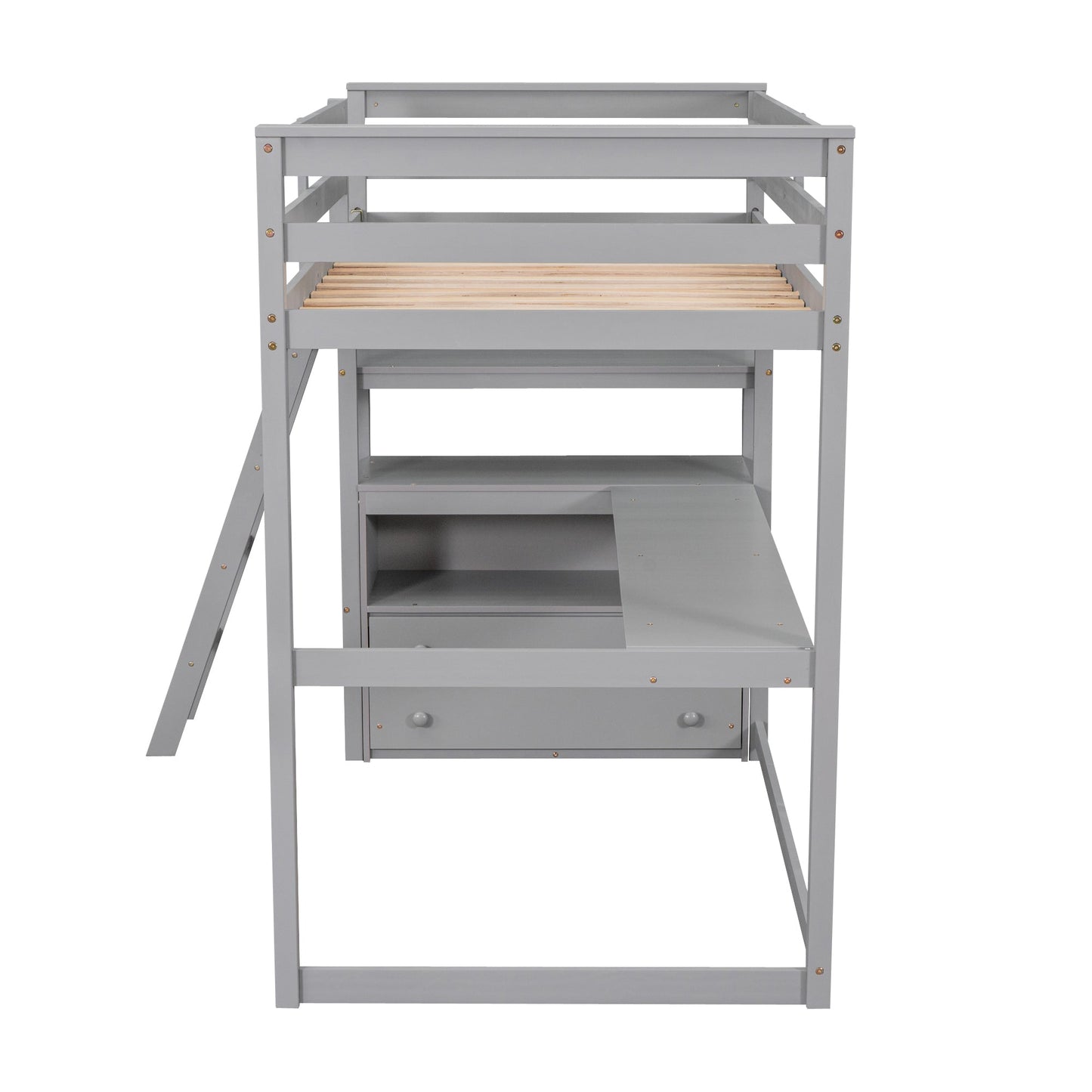Twin Size Loft Bed with Desk and Shelves, Two Built-in Drawers, Gray - Korvel