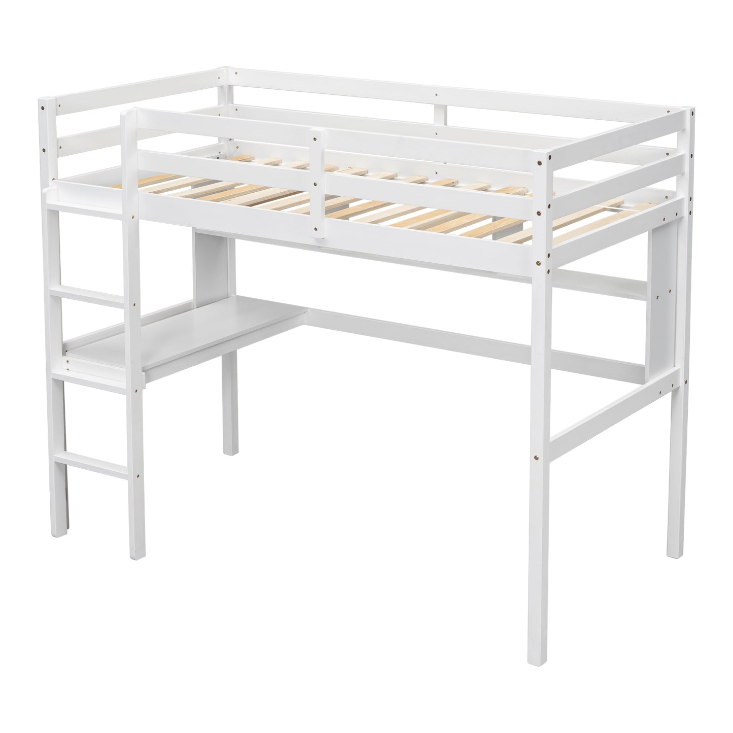 Twin Loft Bed with built-in desk and bookcase of three compartments, Guardrails and Ladder,White - Korvel