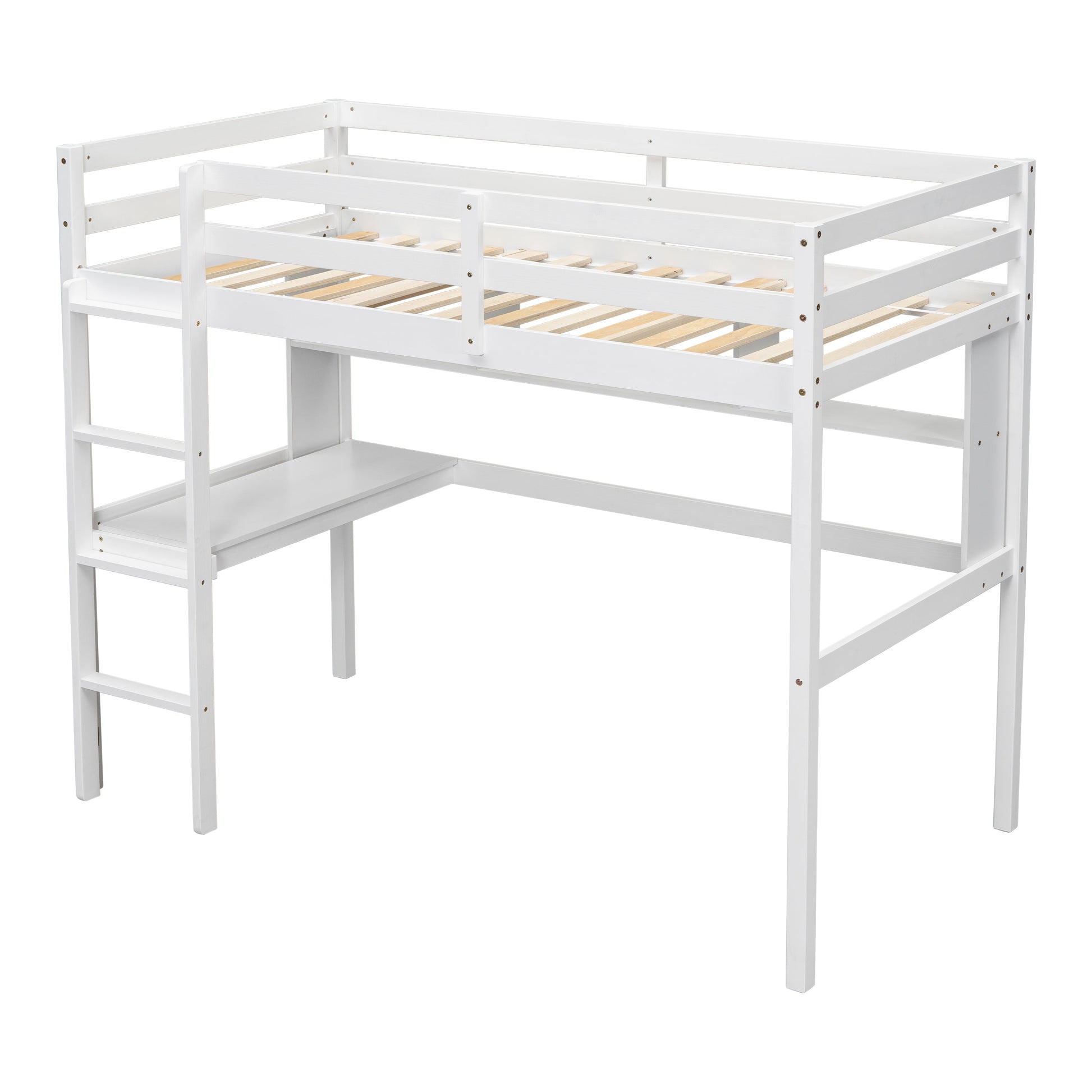 Twin Loft Bed with built-in desk and bookcase of three compartments, Guardrails and Ladder,White - Korvel