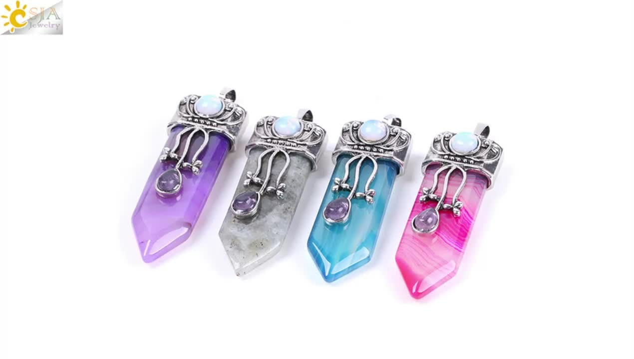 CSJA Vintage Large Natural Stone Sword-Shaped Pendant Jewelry Striped Crystal Agate Tiger Eye Jewelry Pendant Without Chain - Korvel