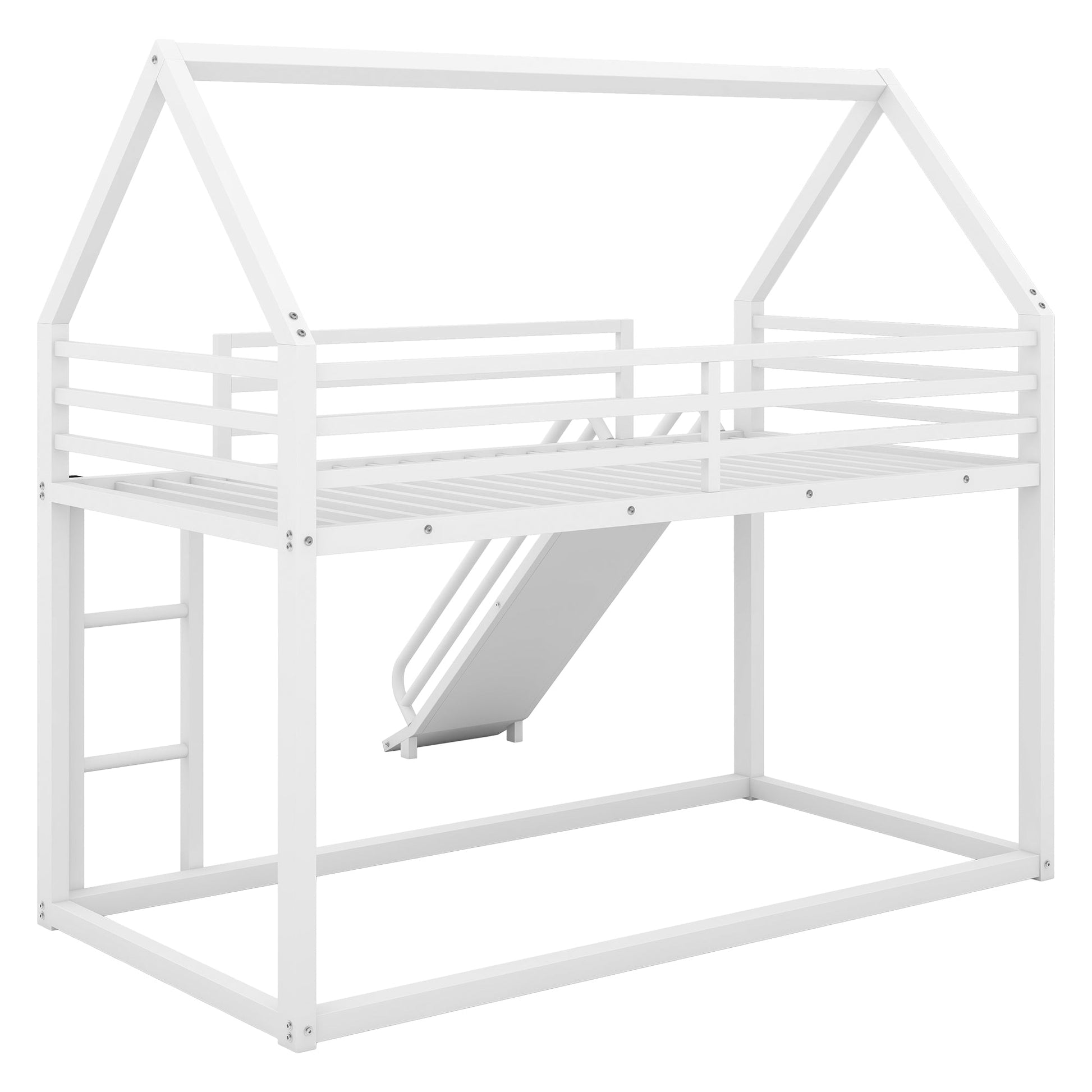 Twin over Twin House Bunk Bed with Ladder and Slide,White - Korvel