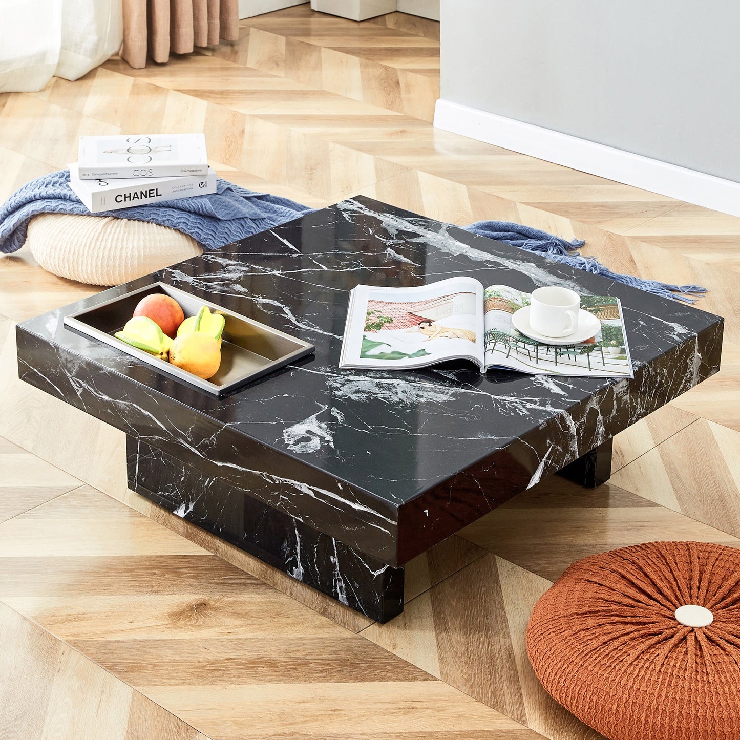 A modern and practical coffee table made of MDF material with black patterns - Korvel