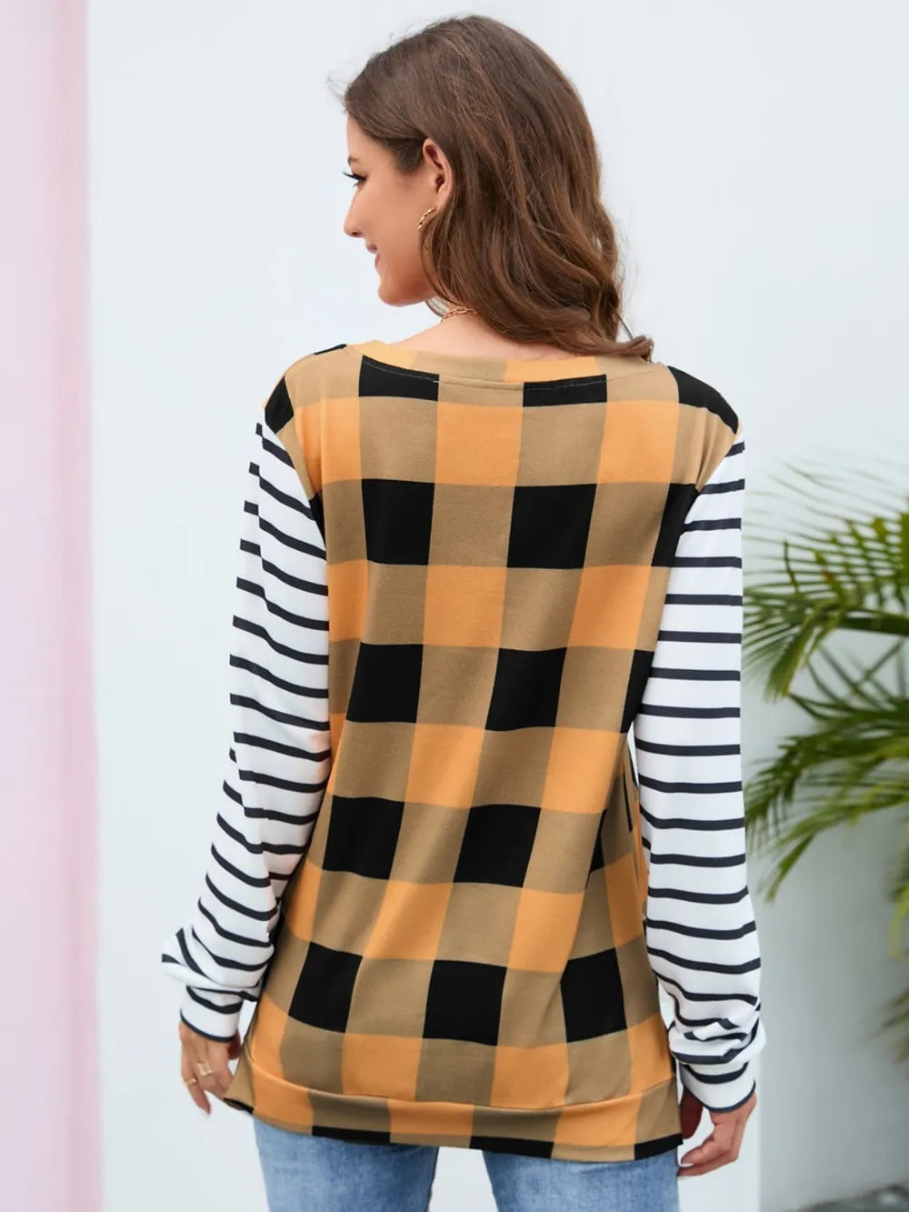 Plaid Striped Round Neck Long Sleeve T-Shirt - Korvel