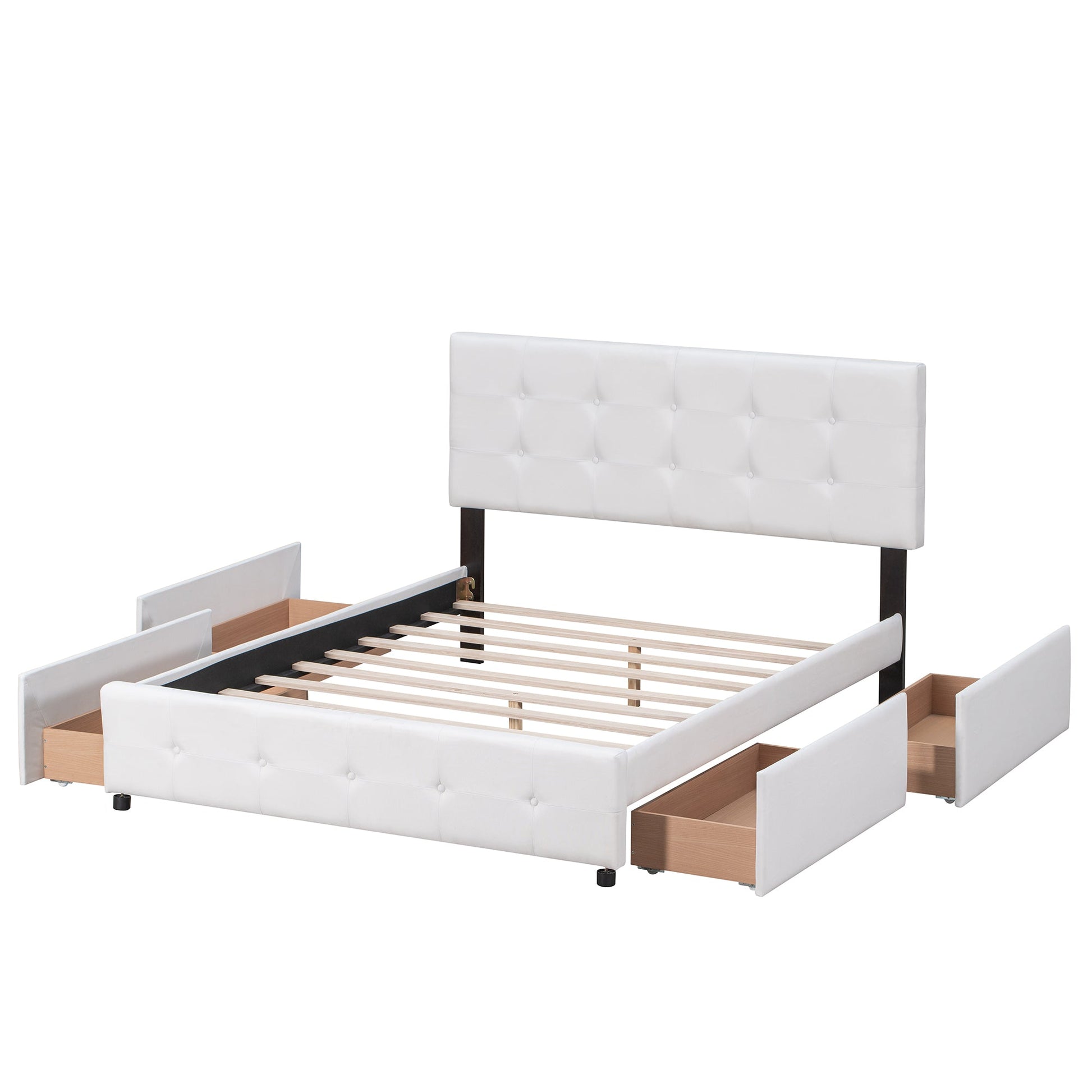 Upholstered Platform Bed with Classic Headboard and 4 Drawers No Box Spring Needed Linen Fabric Queen Size White - Korvel