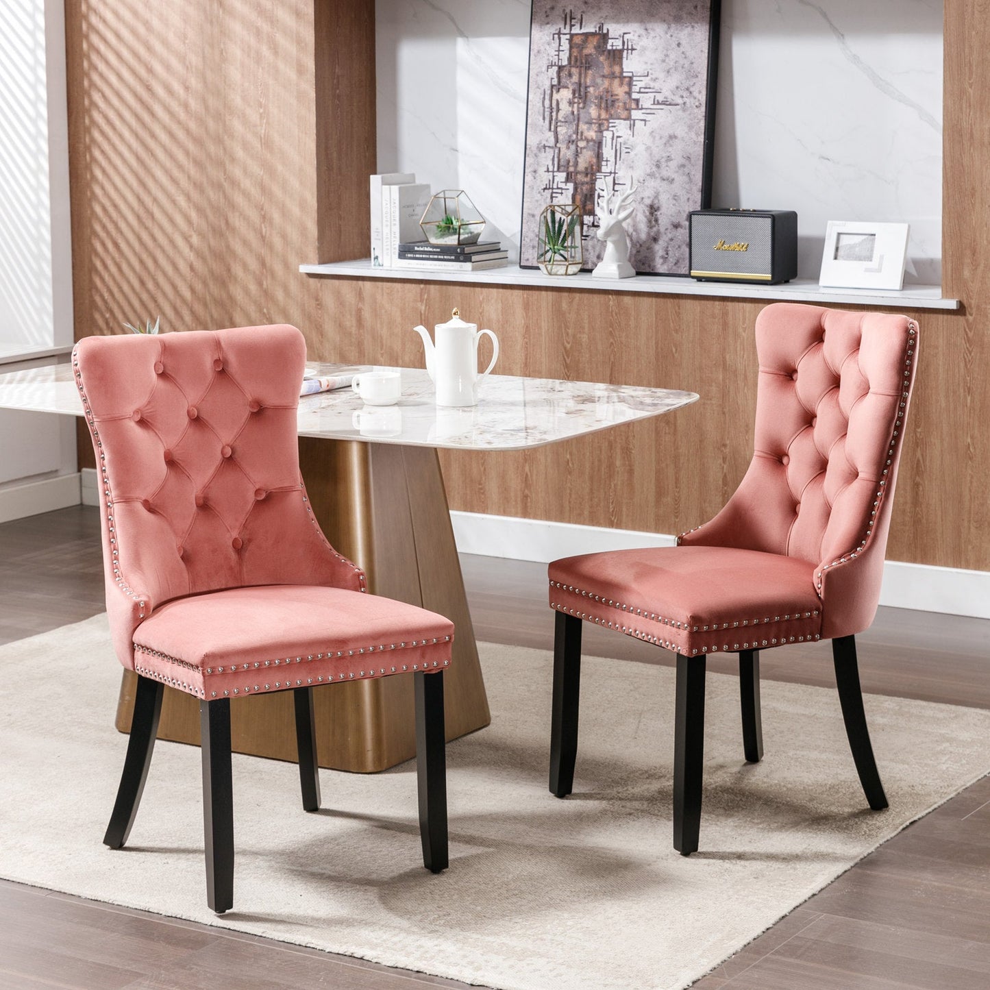 High-end Tufted Solid Wood Contemporary Velvet Upholstered Dining Chair with Wood Legs Nailhead Trim 2-Pcs Set Pink - Korvel