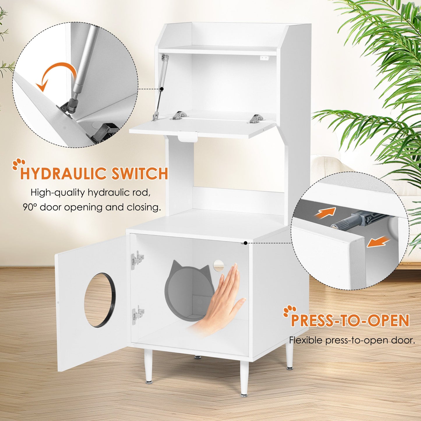 White wooden hidden cat trash can with rack and trash can shell, indoor cat house pet box, storage cabinet - Korvel