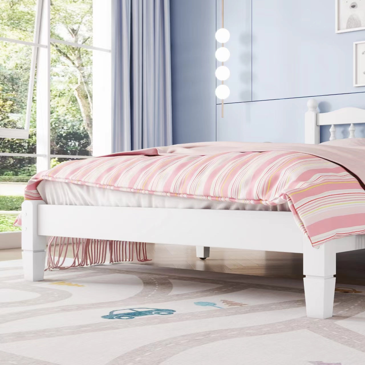 Twin Bed with Column-Decoration Headboard, with Bed Slats,White - Korvel