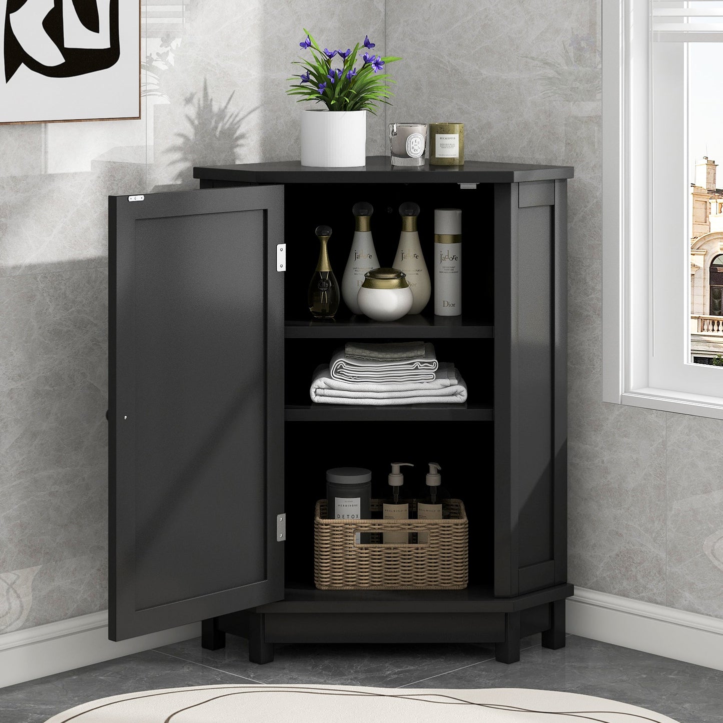 Black Bathroom Cabinet Triangle Corner Storage Cabinet with Adjustable Shelf Modern Style MDF Board - Korvel
