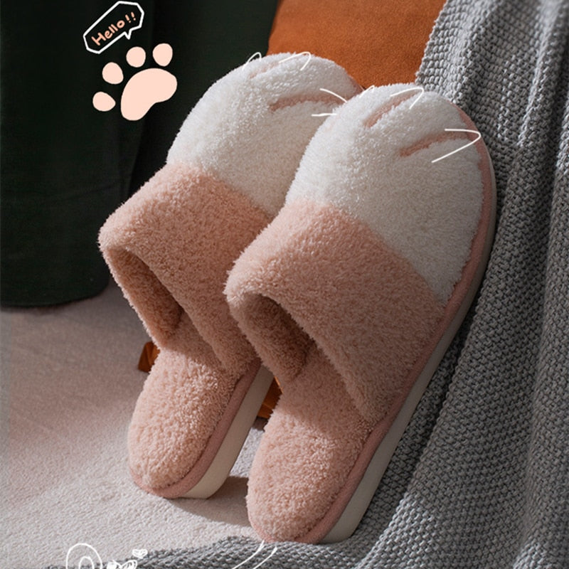 Winter House Warm Fur Slipers For Women Cute Cat paw Designer Bedroom Warm Plush Shoes Non-slip Indoor Women Furry Slippers - Korvel