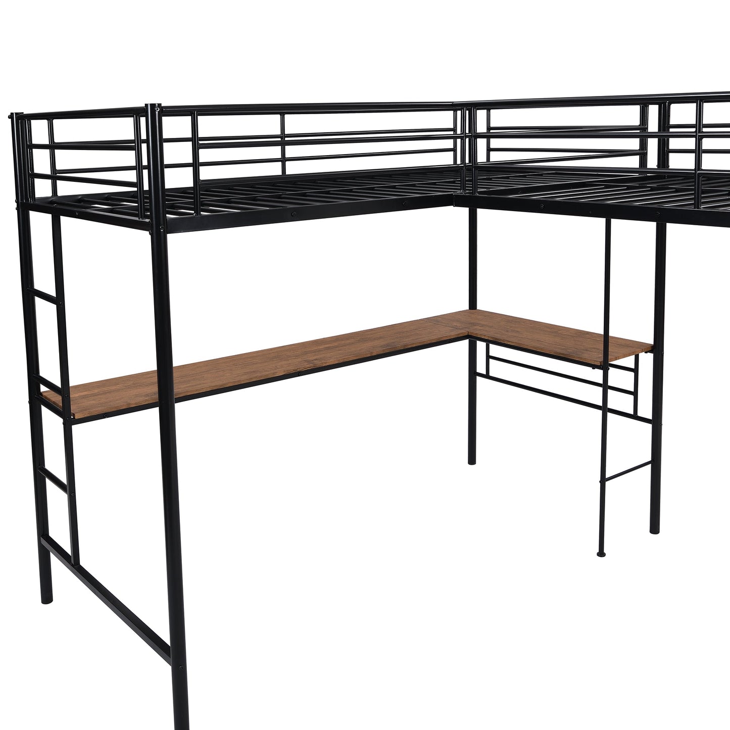 Twin Size Metal Loft Bed with Two Built-in Desks Black - Korvel