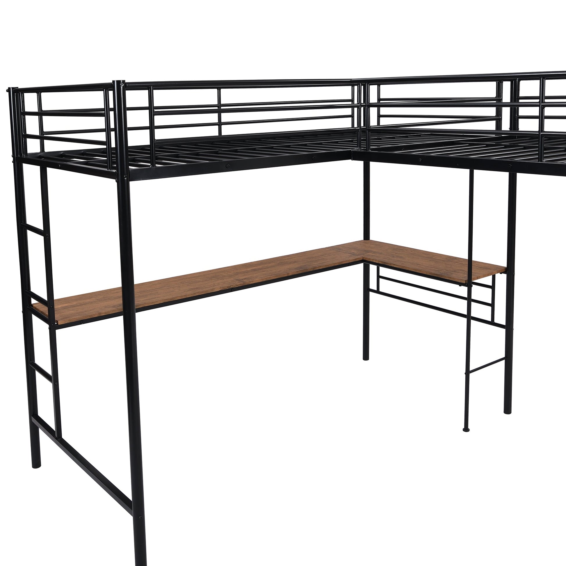 Twin Size Metal Loft Bed with Two Built-in Desks Black - Korvel