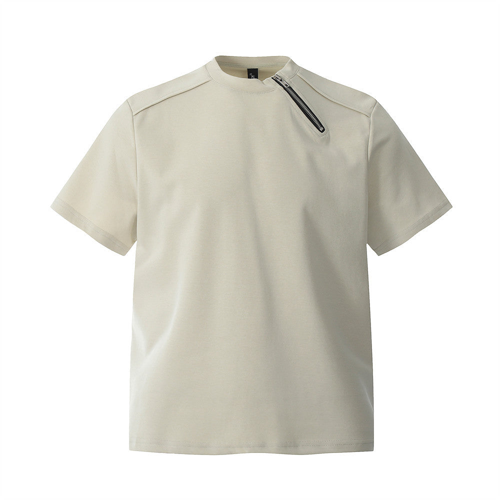 Zipper Design Heavyweight Short Sleeve T-Shirt Men's Loose Round Neck Half Sleeve Tee - Korvel