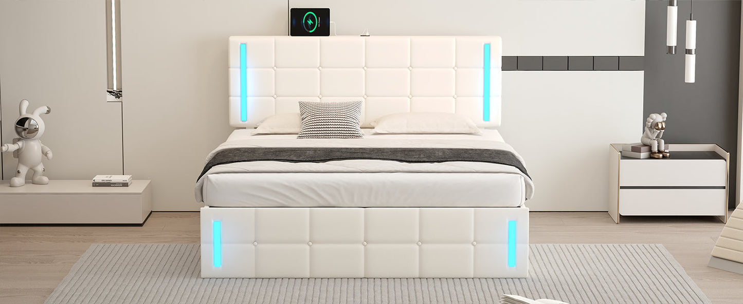 Queen Size Upholstered Bed with LED Lights Hydraulic Storage System and USB Charging Station White - Korvel