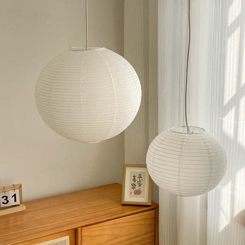 White Japanese style pendant light simple living room round rice paper round LED pendant light - Korvel