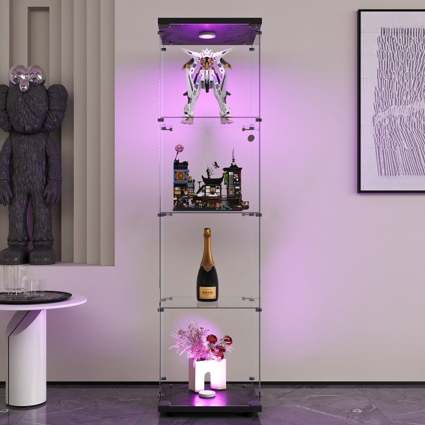 Cabinet d'affichage en verre LED élégant avec 4 étagères - Noir