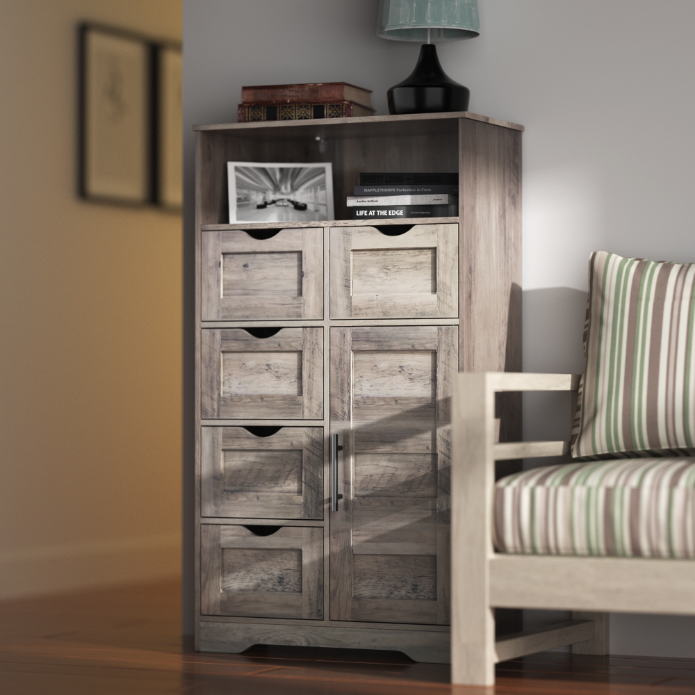 5 Drawers Storage Cabinet with Adjustable Shelves, Bathroom Cabinet with Doors, Floor Cabinet for Living Room Grey - Korvel