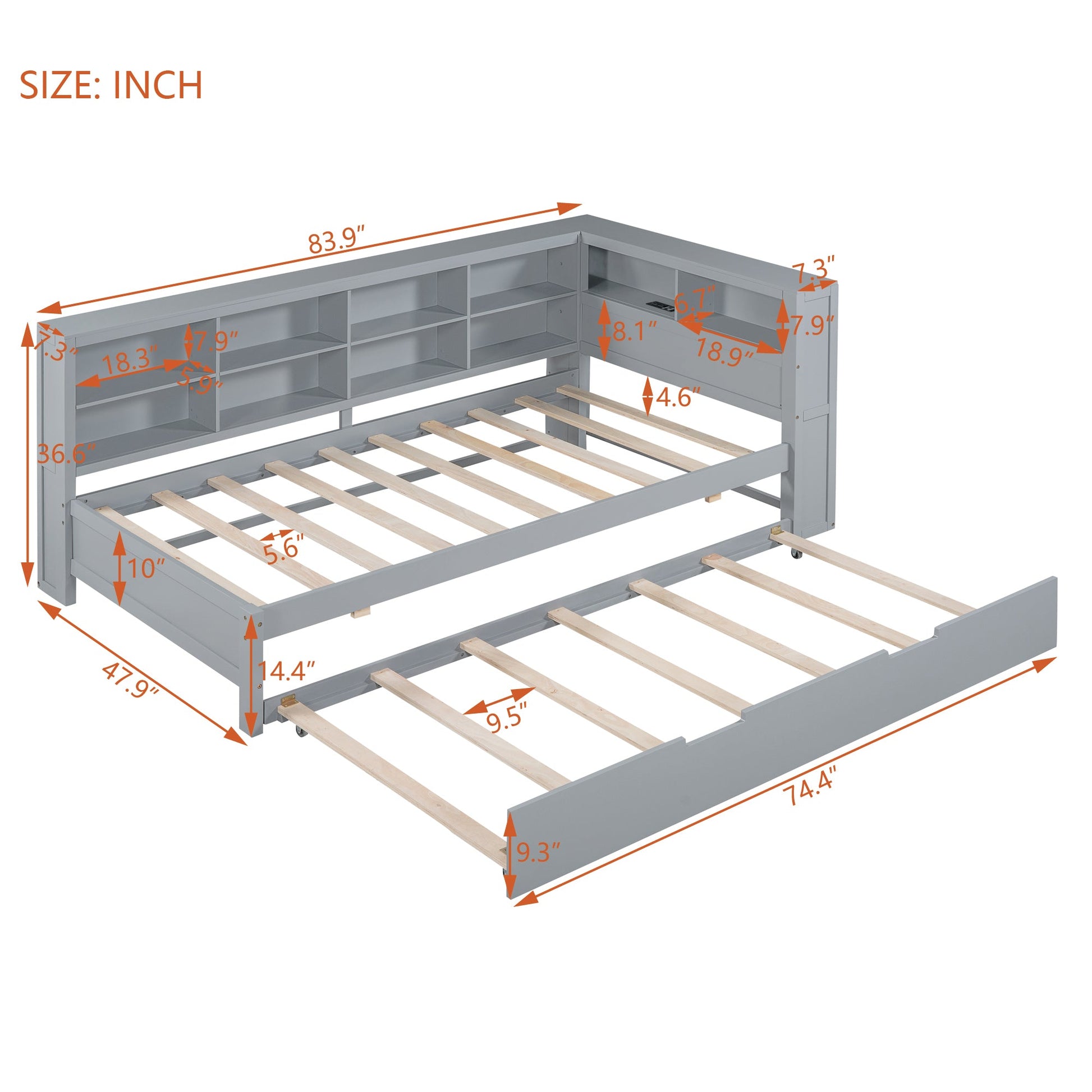 Wooden Twin Size DayBed with Twin Size Trundle, DayBed with Storage Shelf and USB Charging Ports,Grey - Korvel