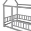 Twin Size Floor Wooden Bed with House Roof Frame, Fence Guardrails,Grey - Korvel
